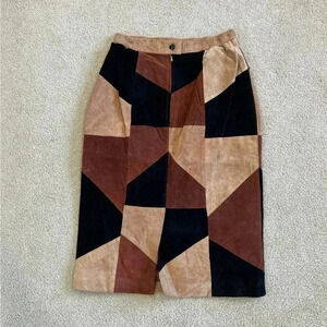 Vintage Margaret godfrey 100% leather brown block georgine patchwork midi skirt